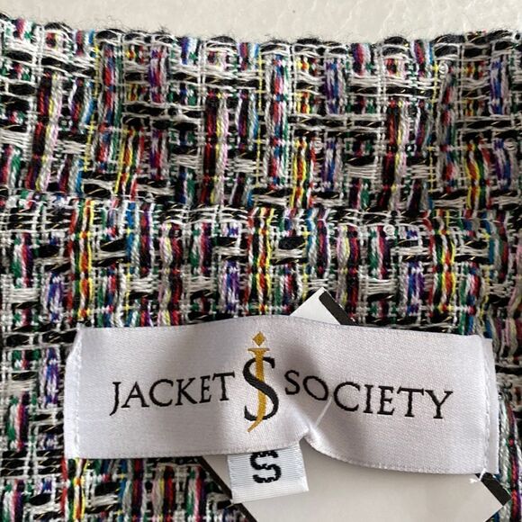 𝅺jacket Society cropped tweed Lurex fringe gold buttons tailored blazer Sz S - Picture 8 of 15